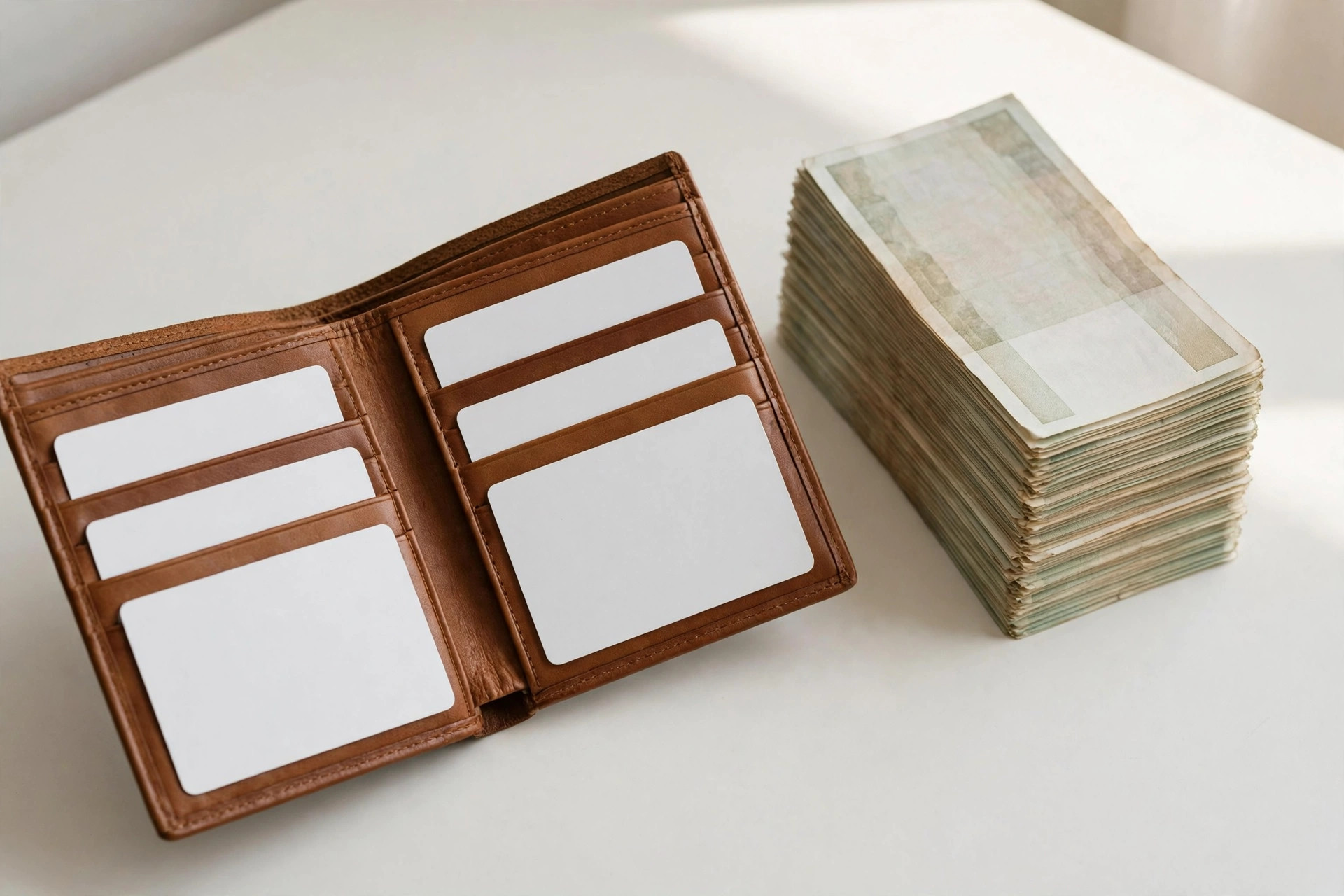 Open wallet with blank cards beside a stack of paper banknotes