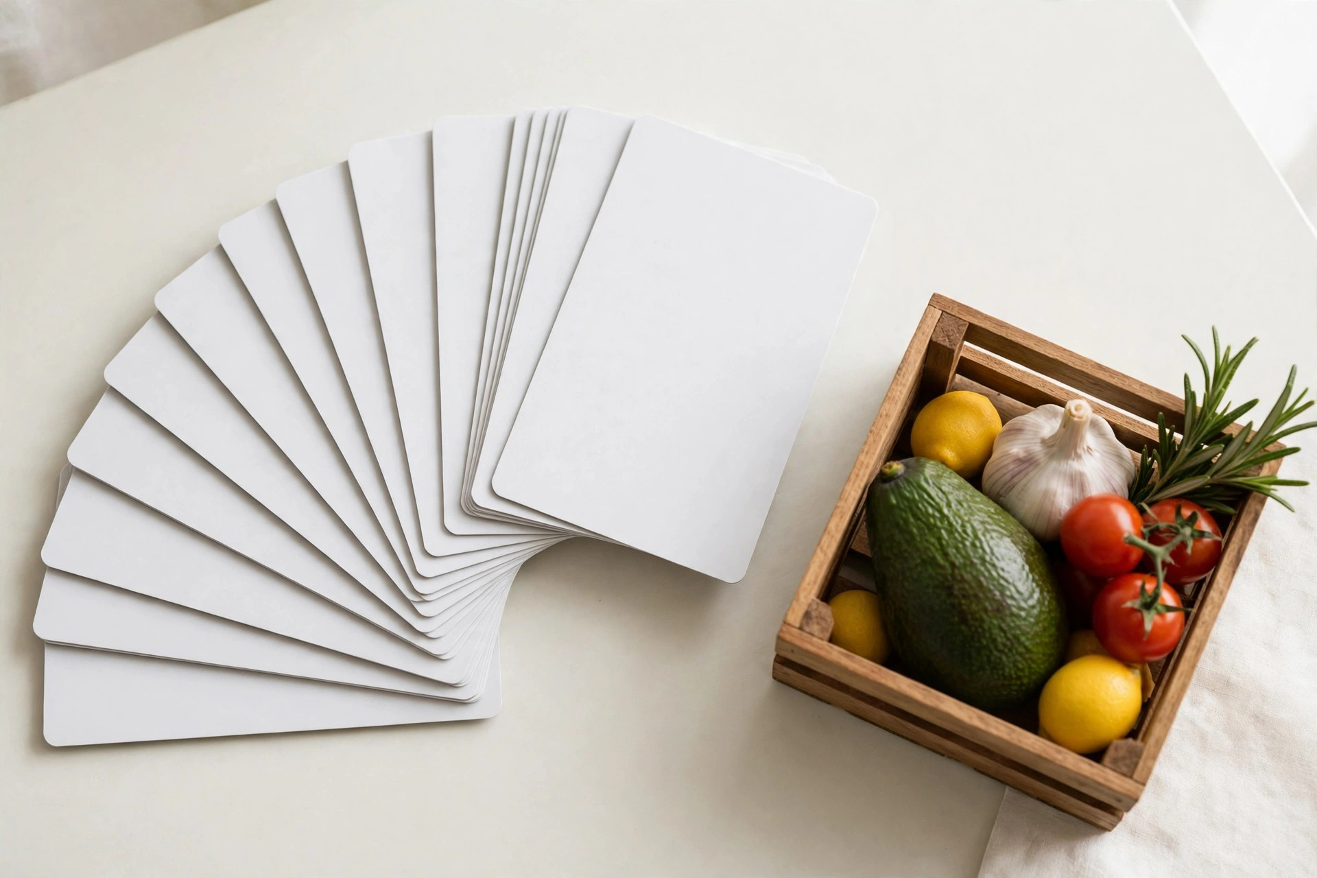 Fanned stack of blank credit cards beside a wooden crate of groceries