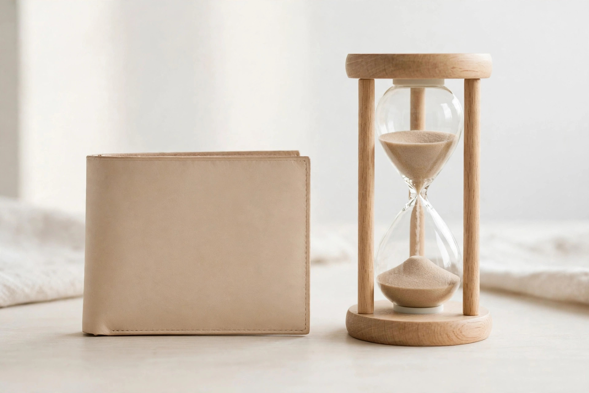 A plain wallet next to an hourglass on a bright desk